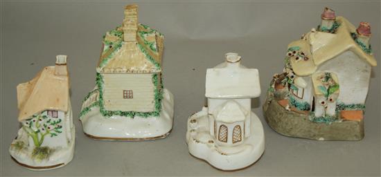 Four Staffordshire porcelain models of cottages, c.1835-50, height 9.5 - 11cm
